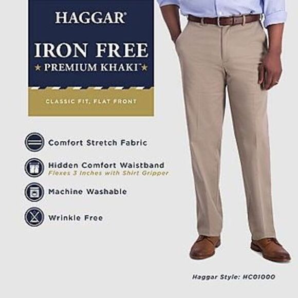 Haggar Mens Iron Free Classic Fit Flat Front Khaki Pant size 34X30 light brown - Picture 4 of 9